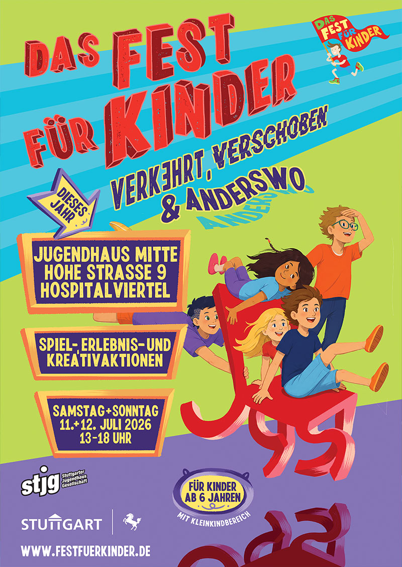 Das Plakat des Fest für Kinder 2025 - eine Illustration im Hochformat mit Waldtieren vor einer Bergkulisse mit blauem Himmel